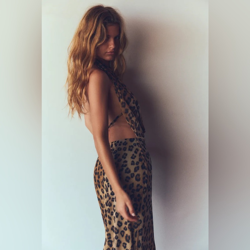 Zara Leopard Animal Print Tulle Cowl Halter Dress NWOT